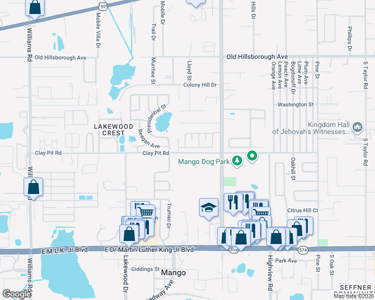 map of restaurants, bars, coffee shops, grocery stores, and more near 11609 Clay Pit Road in Seffner