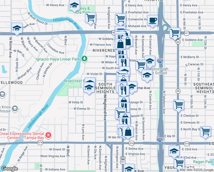 map of restaurants, bars, coffee shops, grocery stores, and more near in Tampa