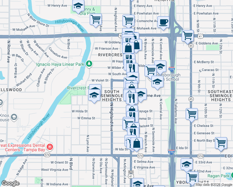 map of restaurants, bars, coffee shops, grocery stores, and more near 116 West Osborne Avenue in Tampa