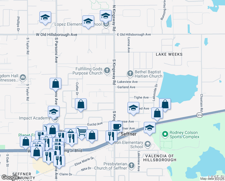 map of restaurants, bars, coffee shops, grocery stores, and more near 907 South Kingsway Road in Seffner
