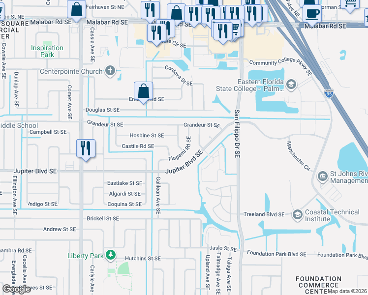 map of restaurants, bars, coffee shops, grocery stores, and more near 1080 Flagami Road Southeast in Palm Bay