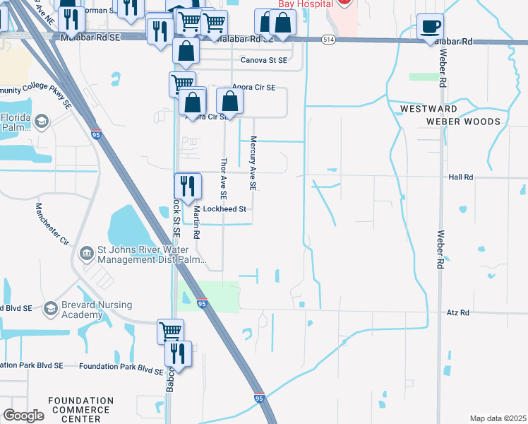 map of restaurants, bars, coffee shops, grocery stores, and more near 481 Mercury Avenue Southeast in Palm Bay