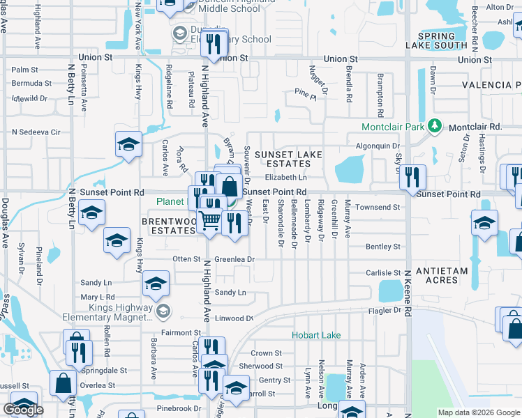 map of restaurants, bars, coffee shops, grocery stores, and more near 1841 East Drive in Clearwater