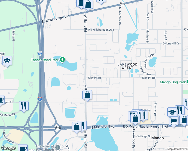 map of restaurants, bars, coffee shops, grocery stores, and more near 10921 Clay Pit Road in Tampa
