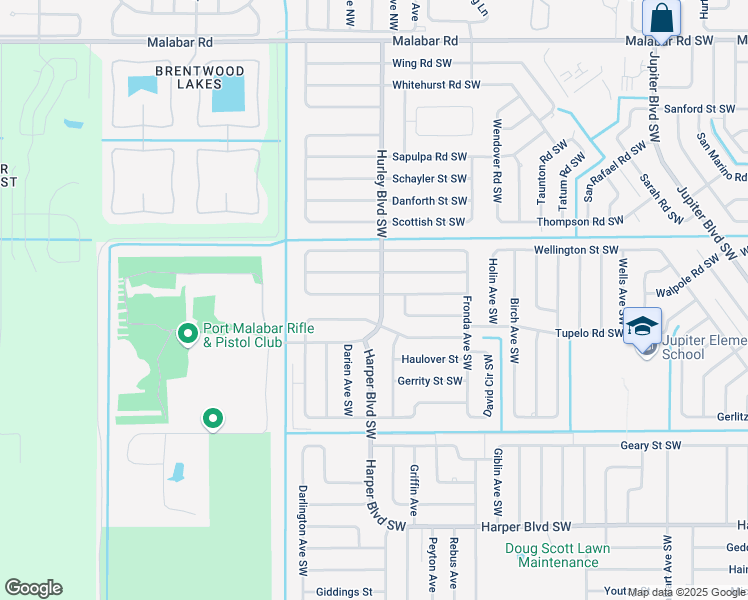 map of restaurants, bars, coffee shops, grocery stores, and more near 1306 Harwick Street Southwest in Palm Bay