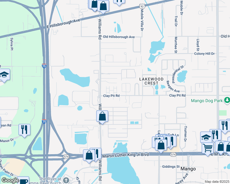 map of restaurants, bars, coffee shops, grocery stores, and more near 10921 Clay Pit Road in Tampa