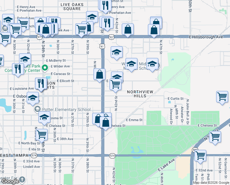map of restaurants, bars, coffee shops, grocery stores, and more near 4013 East Osborne Avenue in Tampa