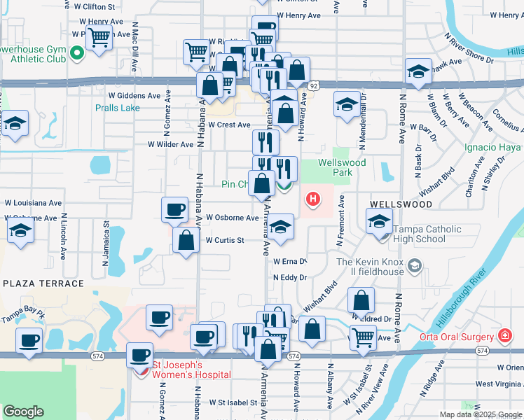 map of restaurants, bars, coffee shops, grocery stores, and more near 4730 North Armenia Avenue in Tampa
