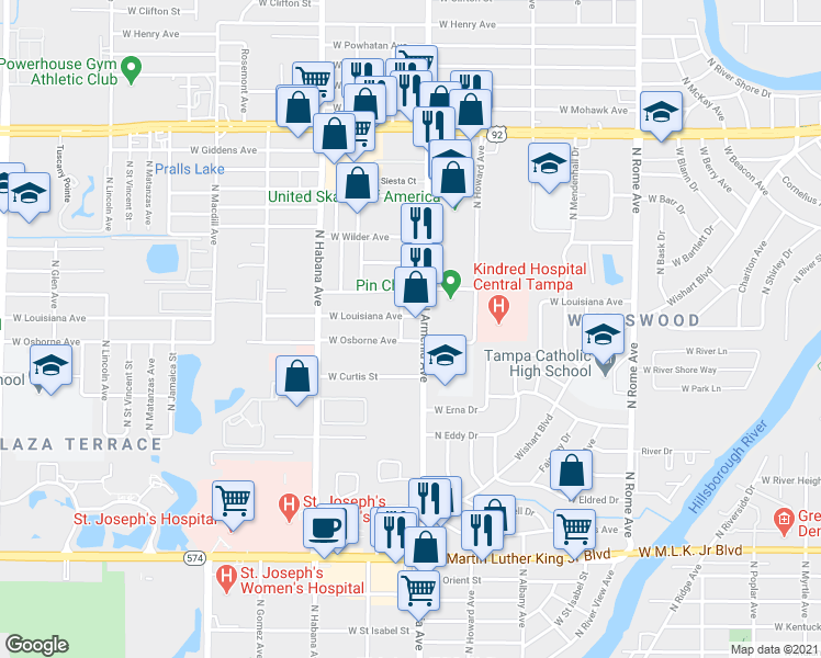 map of restaurants, bars, coffee shops, grocery stores, and more near 4730 North Armenia Avenue in Tampa