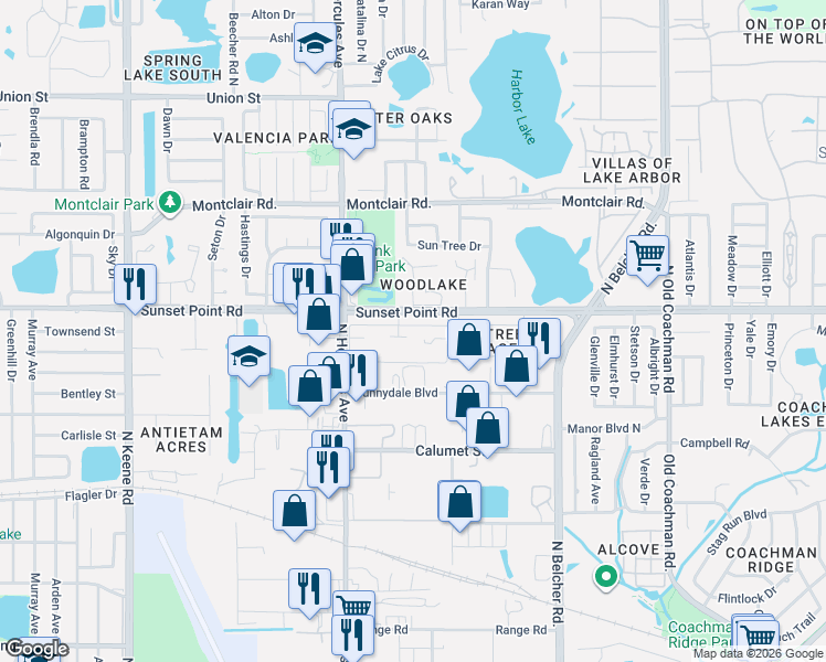 map of restaurants, bars, coffee shops, grocery stores, and more near 2095 Sunset Point Road in Clearwater
