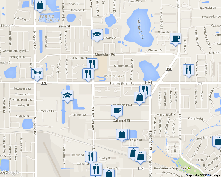 map of restaurants, bars, coffee shops, grocery stores, and more near 2095 Sunset Point Road in Clearwater