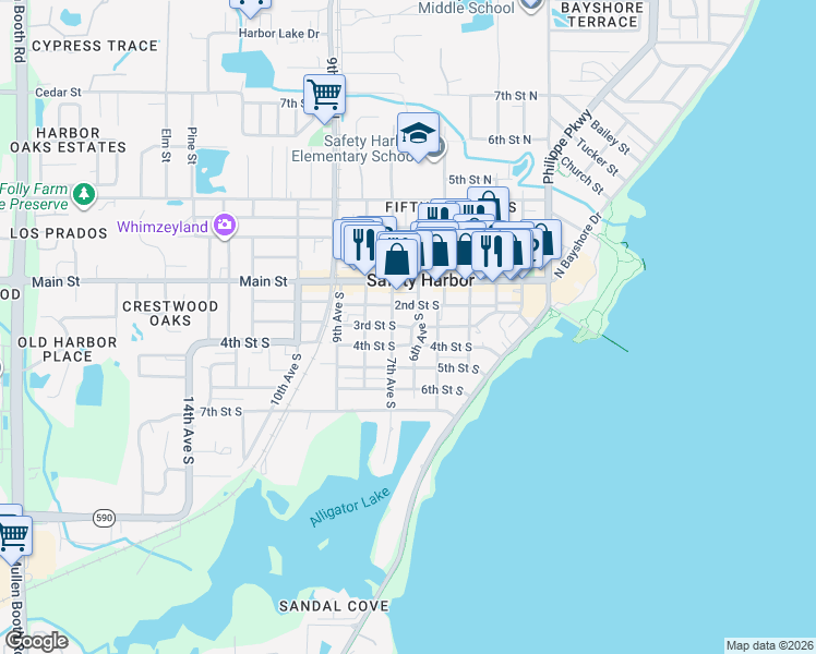 map of restaurants, bars, coffee shops, grocery stores, and more near 3rd Street South in Safety Harbor