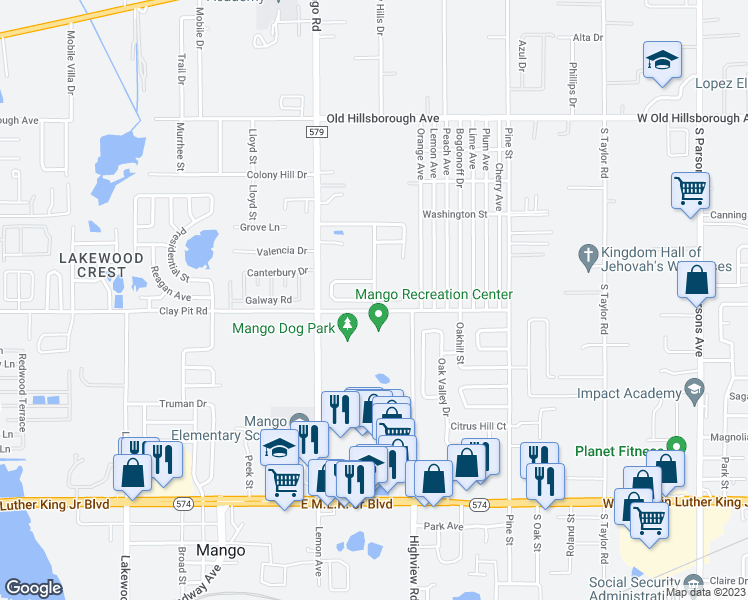 map of restaurants, bars, coffee shops, grocery stores, and more near 5204 Mango Fruit Street in Seffner
