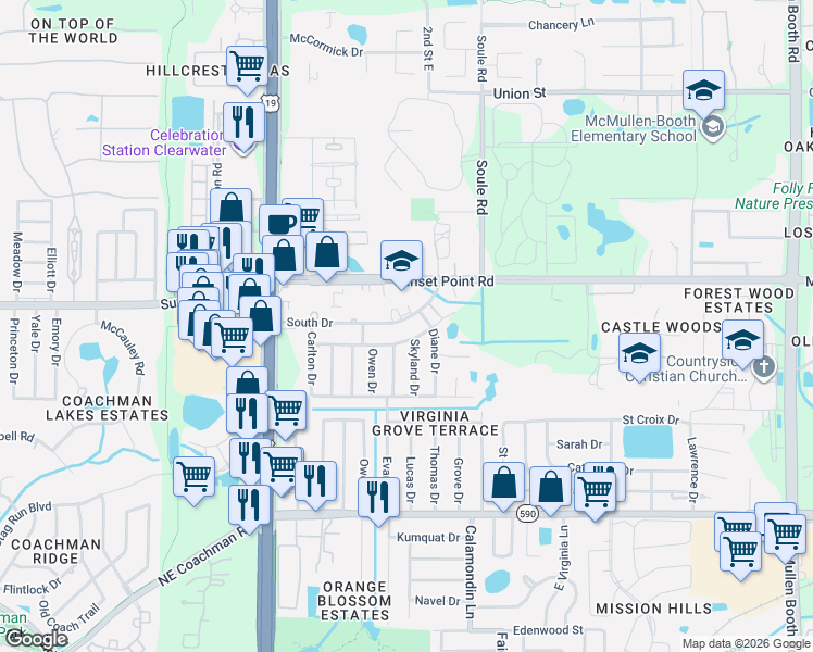 map of restaurants, bars, coffee shops, grocery stores, and more near 1851 Skyland Drive in Clearwater