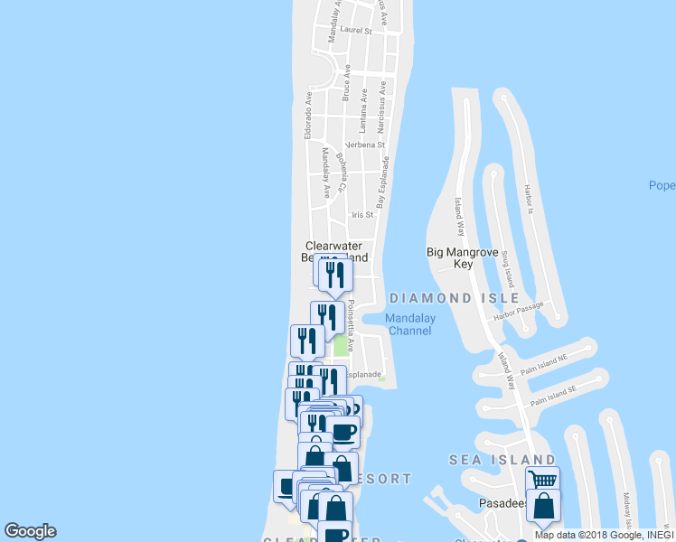 map of restaurants, bars, coffee shops, grocery stores, and more near 675 Mandalay Avenue in Clearwater