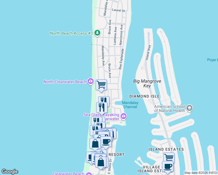 map of restaurants, bars, coffee shops, grocery stores, and more near 665 Poinsettia Avenue in Clearwater