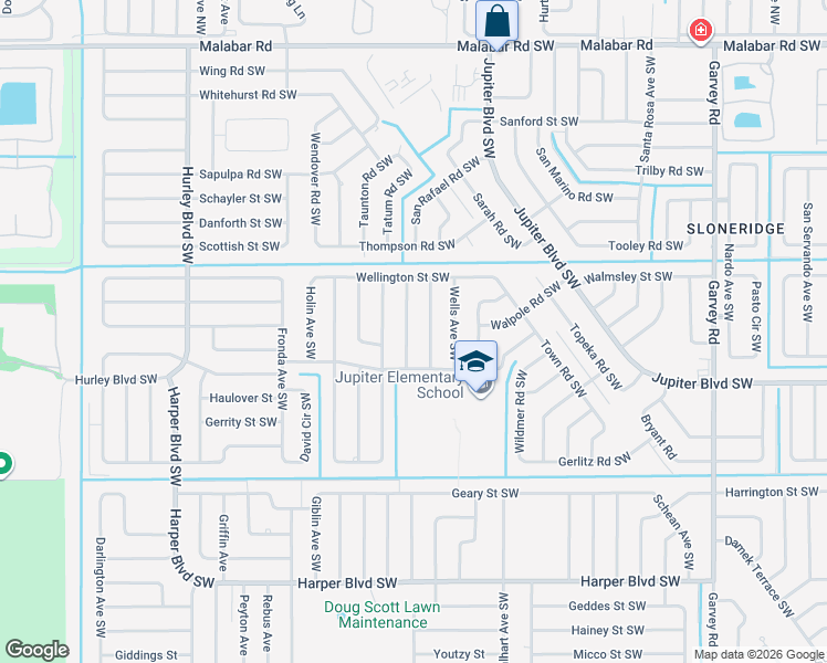 map of restaurants, bars, coffee shops, grocery stores, and more near 457 Tuloma Avenue Southwest in Palm Bay