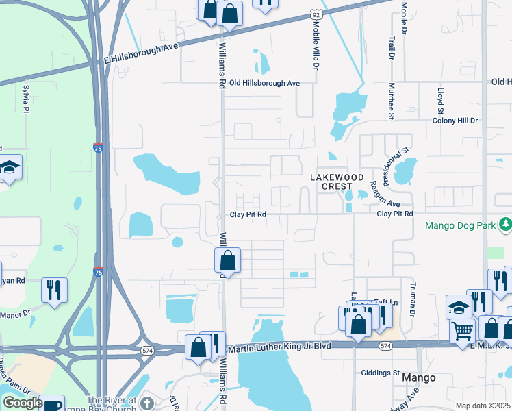 map of restaurants, bars, coffee shops, grocery stores, and more near 10921 Clay Pit Road in Tampa