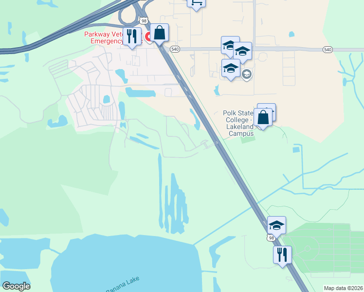 map of restaurants, bars, coffee shops, grocery stores, and more near 4147 Shadetree Lane in Lakeland