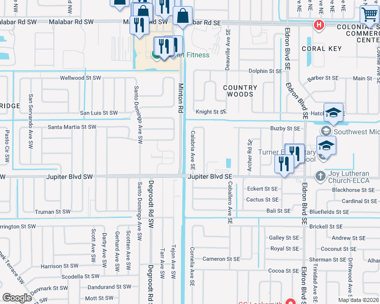 map of restaurants, bars, coffee shops, grocery stores, and more near 426 Calabria Avenue Southeast in Palm Bay