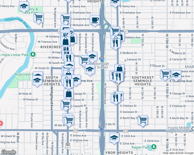 map of restaurants, bars, coffee shops, grocery stores, and more near 4813 North Central Avenue in Tampa