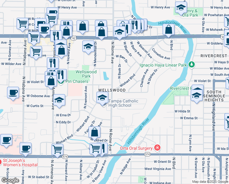 map of restaurants, bars, coffee shops, grocery stores, and more near in Tampa