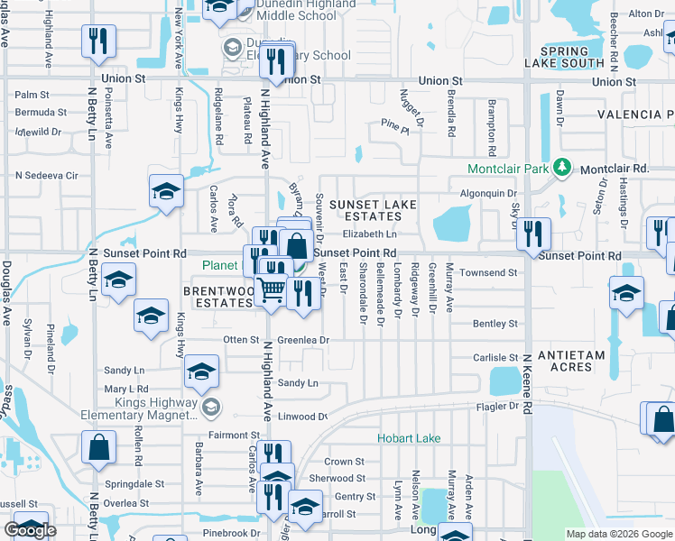 map of restaurants, bars, coffee shops, grocery stores, and more near 1569 Sunset Point Road in Clearwater