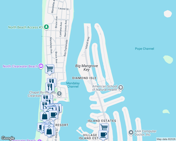 map of restaurants, bars, coffee shops, grocery stores, and more near 707 Island Way in Clearwater