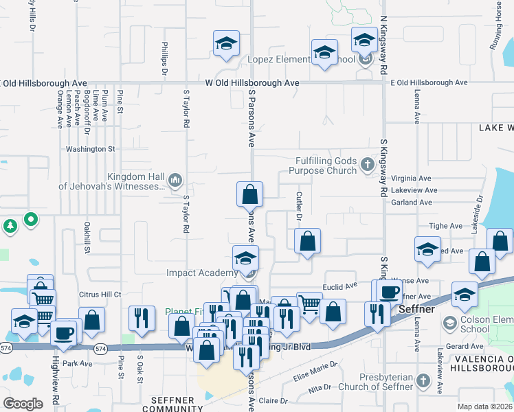 map of restaurants, bars, coffee shops, grocery stores, and more near 804 South Parsons Avenue in Seffner