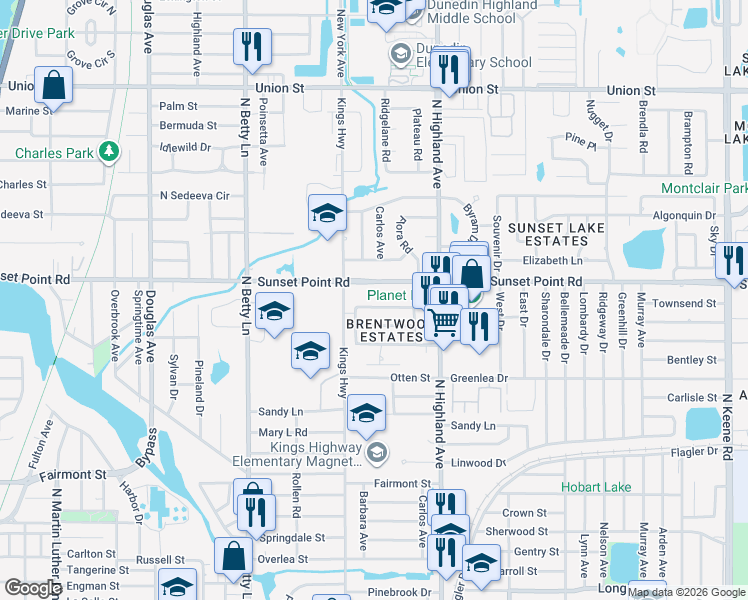 map of restaurants, bars, coffee shops, grocery stores, and more near 1426 Spring Lane in Clearwater