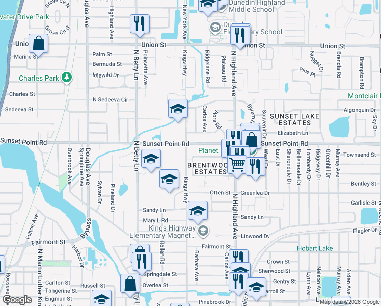 map of restaurants, bars, coffee shops, grocery stores, and more near 1857 Kings Highway in Clearwater