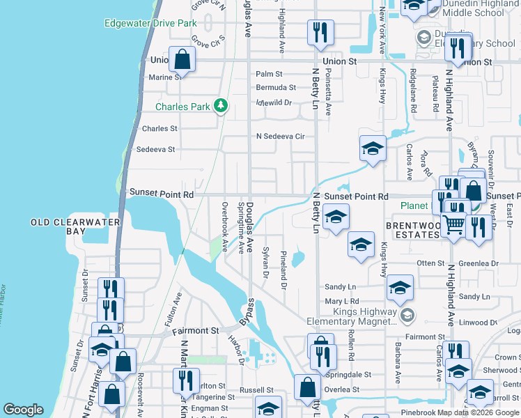 map of restaurants, bars, coffee shops, grocery stores, and more near 1874 Sylvan Drive in Clearwater