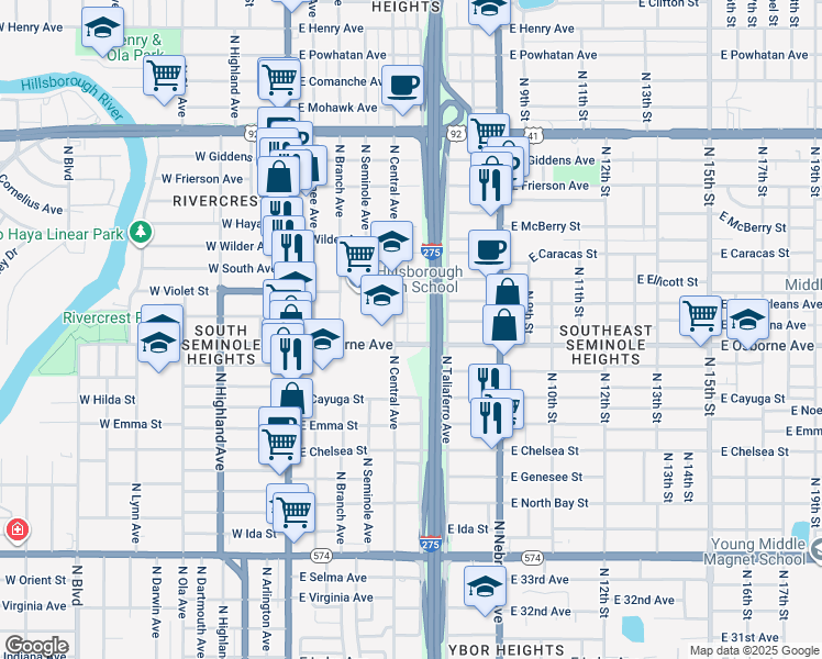 map of restaurants, bars, coffee shops, grocery stores, and more near 4813 North Central Avenue in Tampa