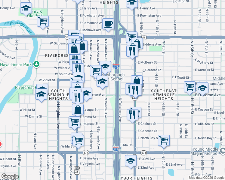 map of restaurants, bars, coffee shops, grocery stores, and more near 609 East Louisiana Avenue in Tampa