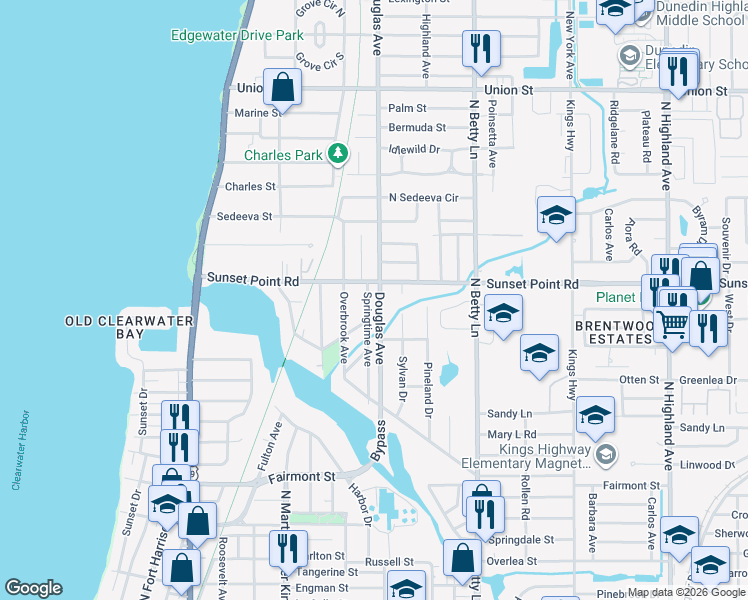 map of restaurants, bars, coffee shops, grocery stores, and more near 1181 Sunset Point Road in Clearwater