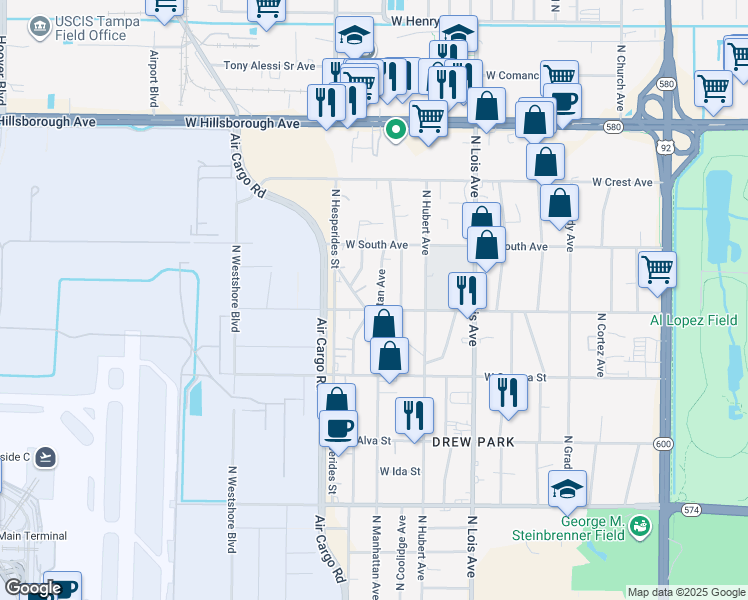 map of restaurants, bars, coffee shops, grocery stores, and more near 4812 North Manhattan Avenue in Tampa