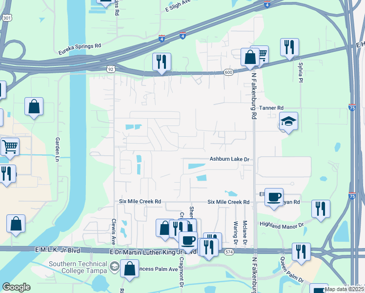 map of restaurants, bars, coffee shops, grocery stores, and more near 9707 Linda Place in Tampa