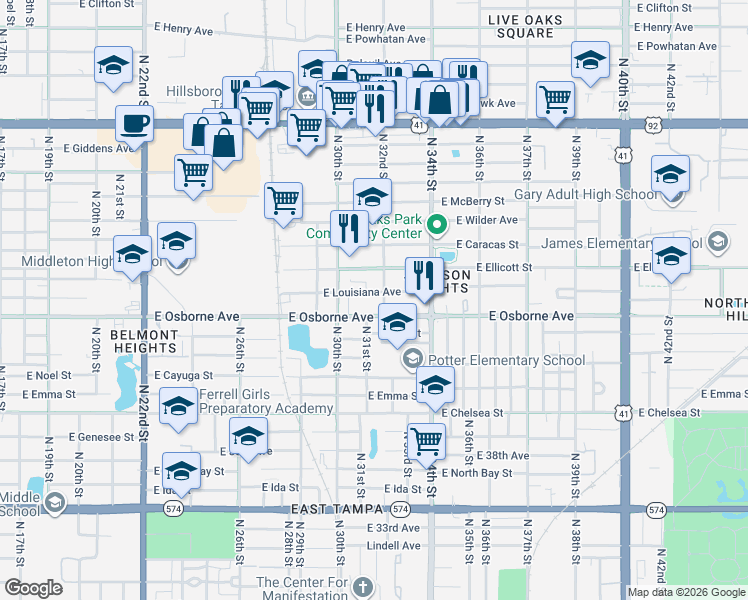 map of restaurants, bars, coffee shops, grocery stores, and more near 3016 East Louisiana Avenue in Tampa