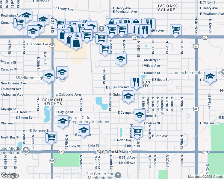 map of restaurants, bars, coffee shops, grocery stores, and more near 4904 North 30th Street in Tampa