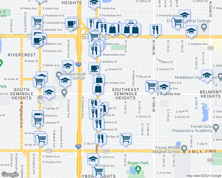 map of restaurants, bars, coffee shops, grocery stores, and more near 998 East Louisiana Avenue in Tampa