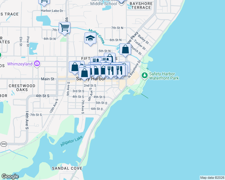 map of restaurants, bars, coffee shops, grocery stores, and more near 329 South Bayshore Boulevard in Safety Harbor