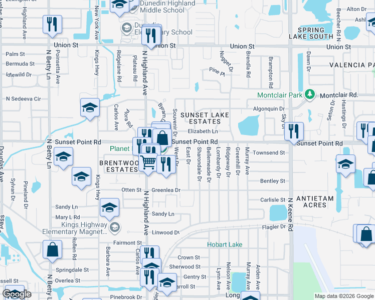 map of restaurants, bars, coffee shops, grocery stores, and more near 1580 County Road 576 in Clearwater
