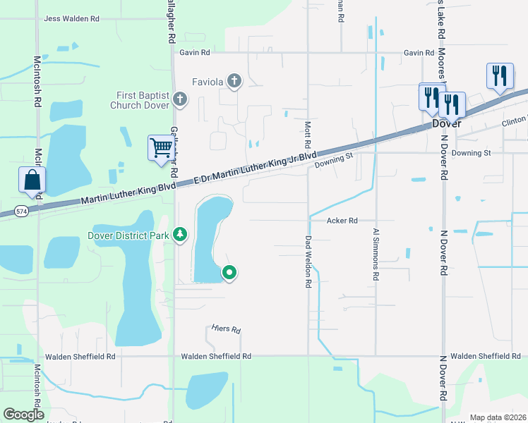map of restaurants, bars, coffee shops, grocery stores, and more near 13620 Acker Road in Dover
