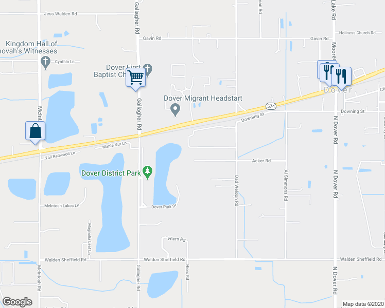 map of restaurants, bars, coffee shops, grocery stores, and more near 13620 Acker Road in Dover