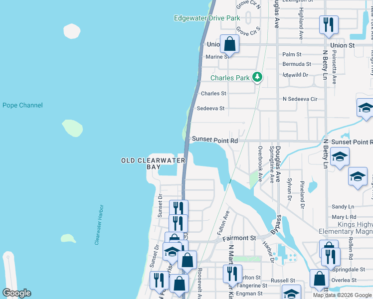 map of restaurants, bars, coffee shops, grocery stores, and more near 1899 North Fort Harrison Avenue in Clearwater