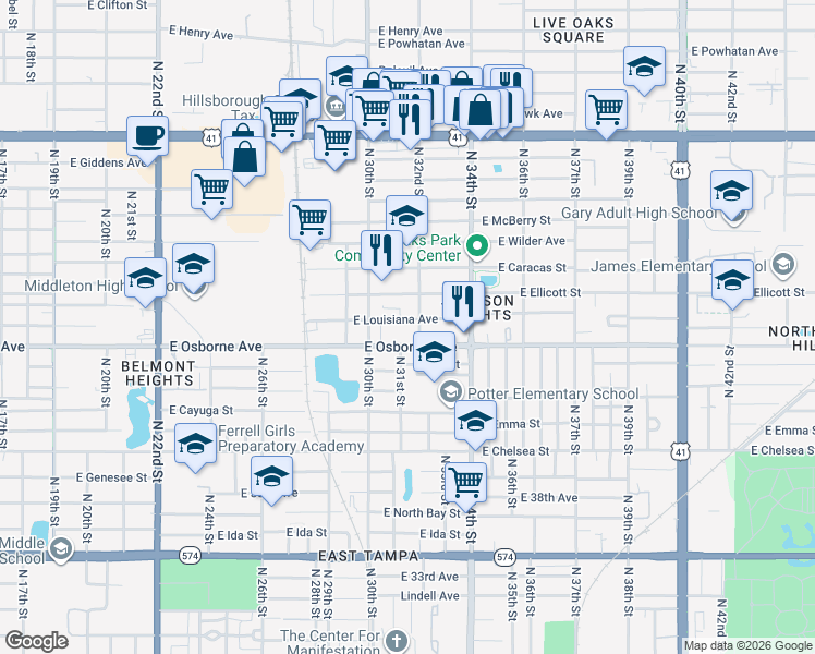 map of restaurants, bars, coffee shops, grocery stores, and more near 3016 East Louisiana Avenue in Tampa