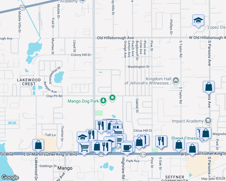 map of restaurants, bars, coffee shops, grocery stores, and more near 11816 Mango Cross Court in Seffner