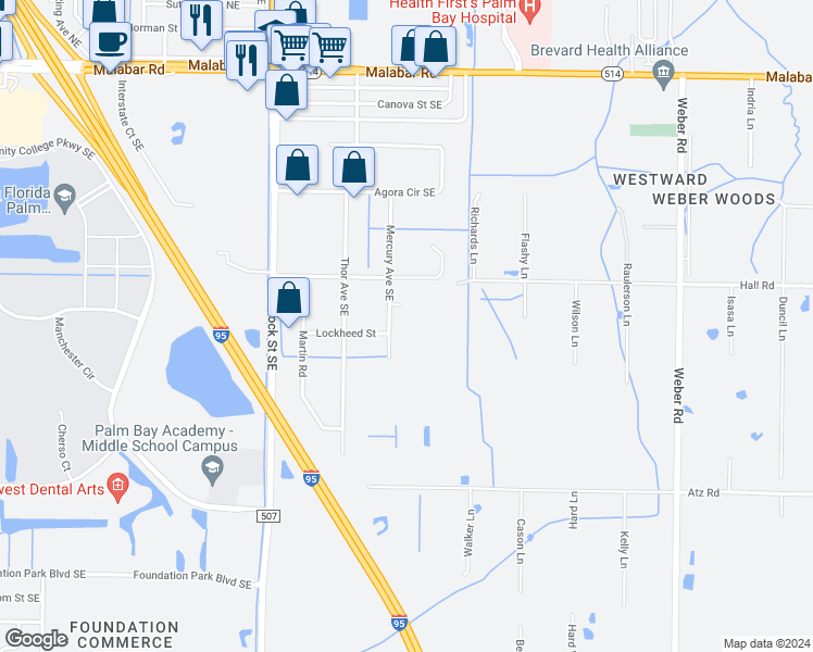 map of restaurants, bars, coffee shops, grocery stores, and more near 421 Mercury Avenue Southeast in Palm Bay
