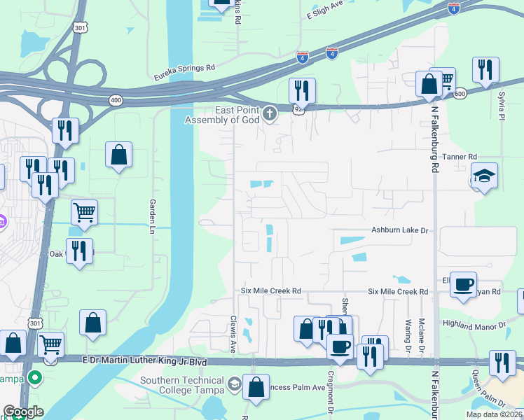 map of restaurants, bars, coffee shops, grocery stores, and more near 9301-9327 Michael Lane in Tampa