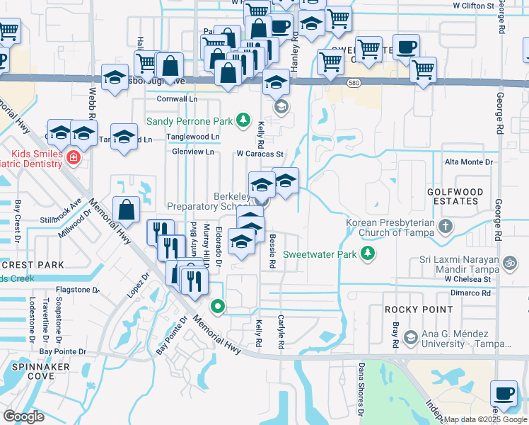 map of restaurants, bars, coffee shops, grocery stores, and more near 4809 Kelly Road in Tampa